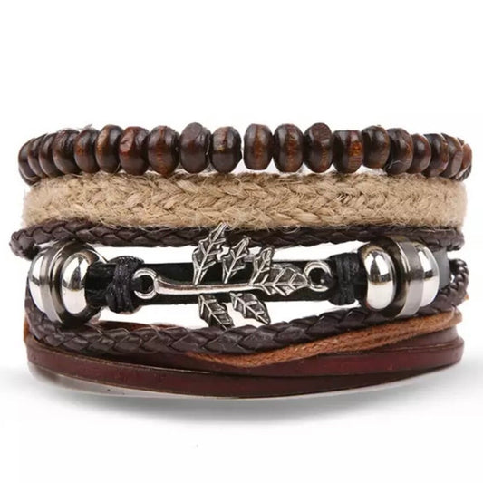 Fashion Leather Bracelet Cuff Rope Multilayer with Leaf Charm