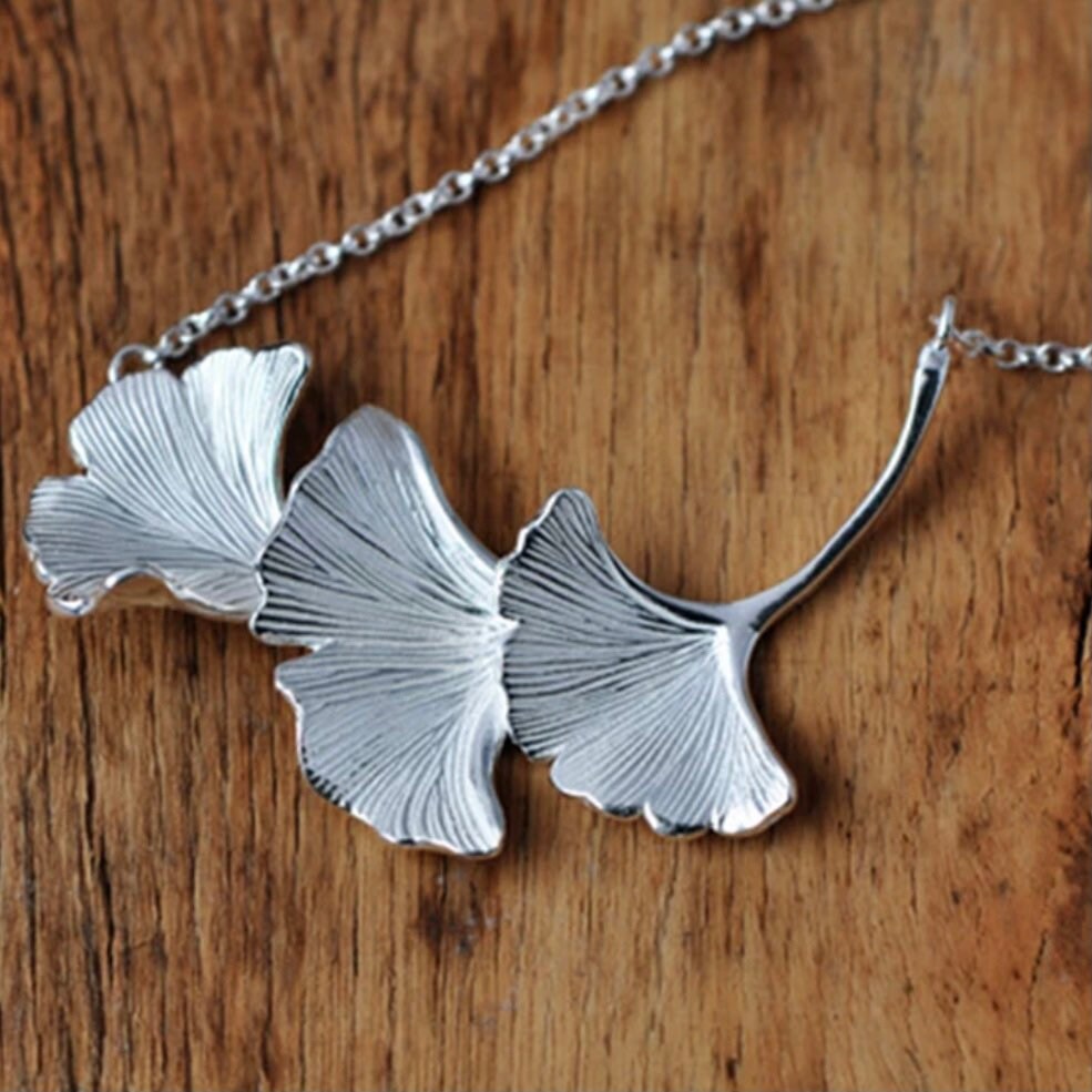 Ginkgo Biloba Leaf Bohemian Vintage Silver Colour Pendant Necklace