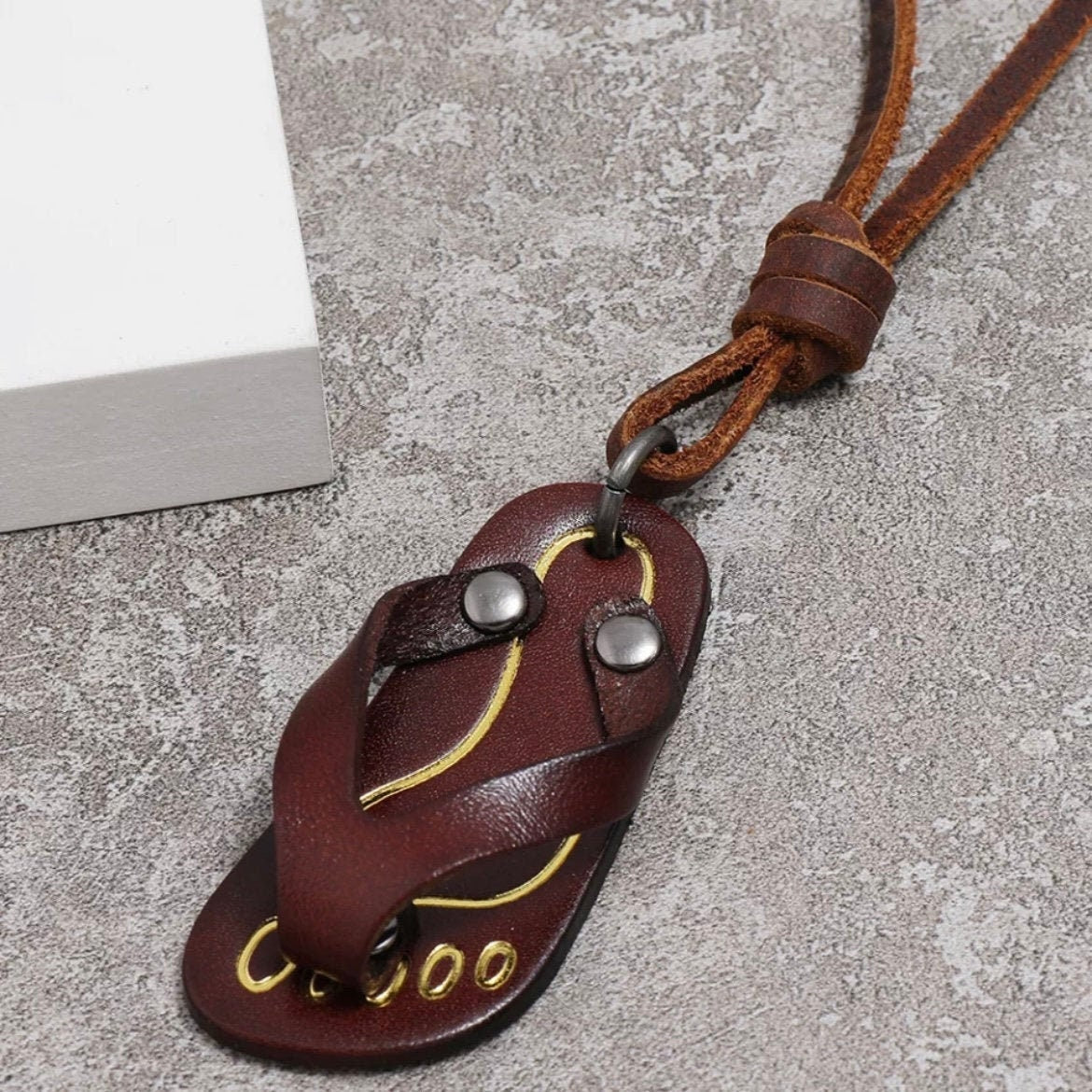 Brown or Light Brown Leather Flip-Flop Pendant on Brown Leather Rope Necklace