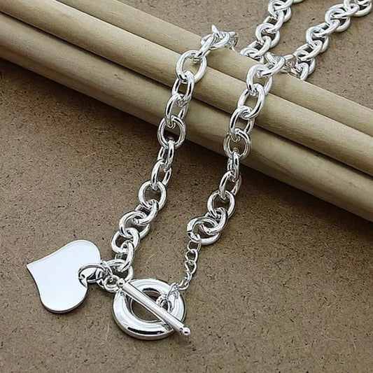 Silver Heart Pendant Chunky Link Chain Necklace