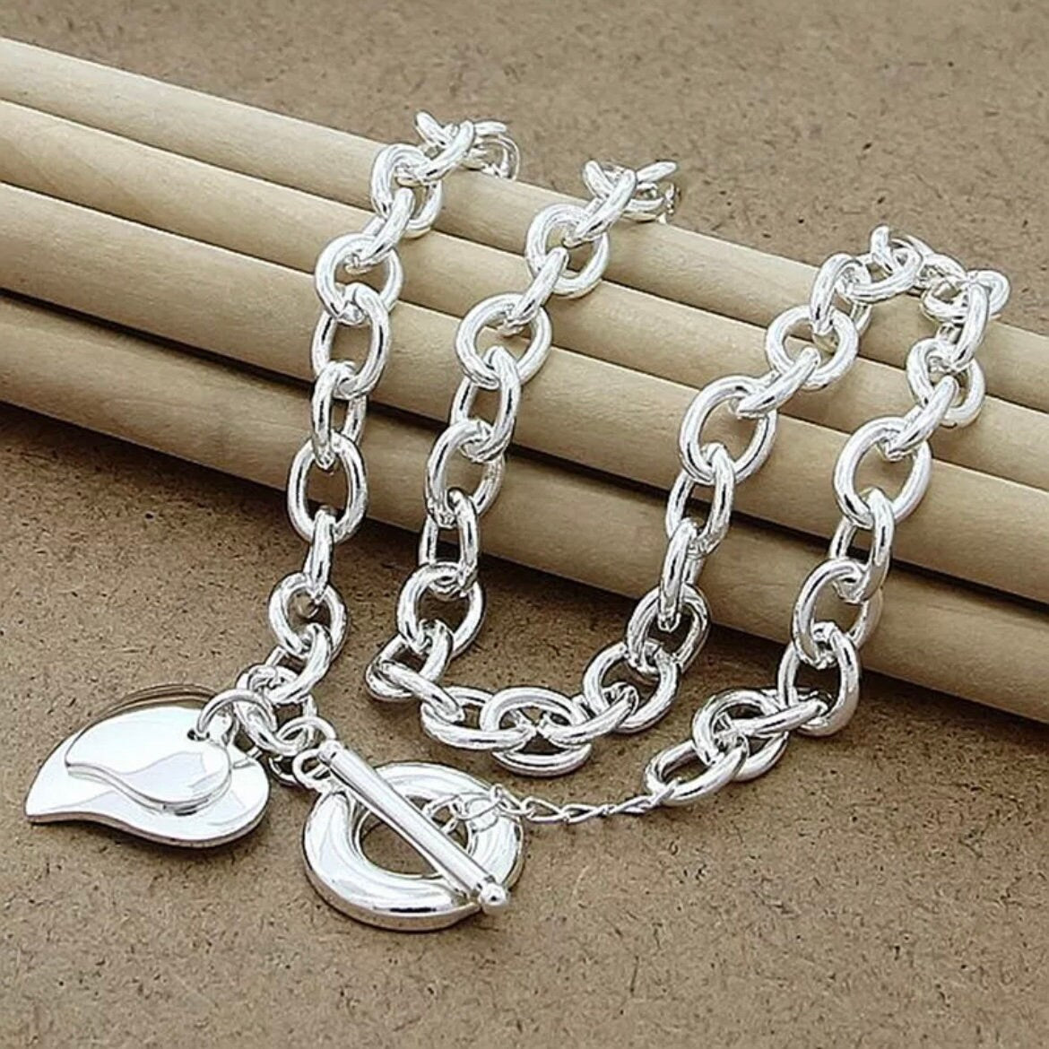 Silver Two Heart Pendant Chunky Link Chain Necklace