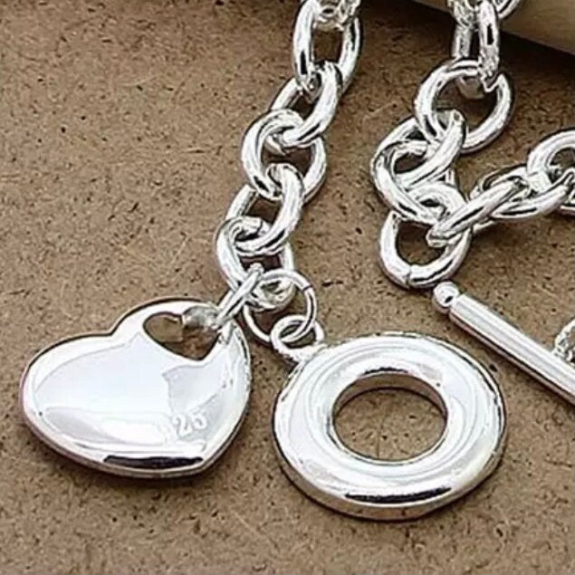 Silver Love Heart Pendant Chunky Link Chain Necklace