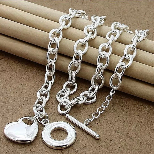 Silver Love Heart Pendant Chunky Link Chain Necklace