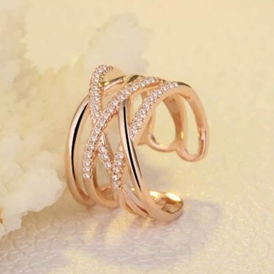 Multilayer Line Cross Mosaic Zirconia Open Silver Ring in Gold or Silver