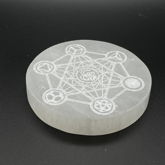 Selenite "STONE oF LOVE" Round Slice Metatron and OM