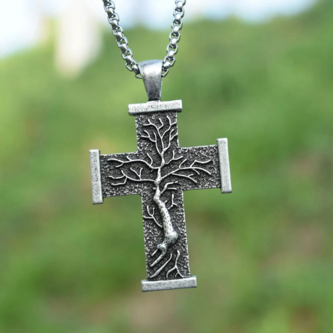 Tree of Life Double Sided Cross Statement Pendant on a 55cm Stainless Steel Chain Necklace