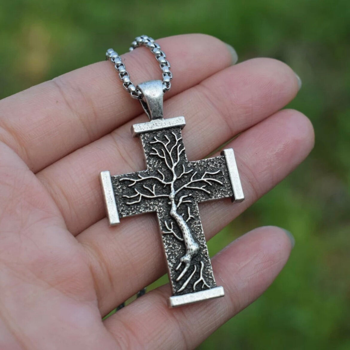 Tree of Life Double Sided Cross Statement Pendant on a 55cm Stainless Steel Chain Necklace