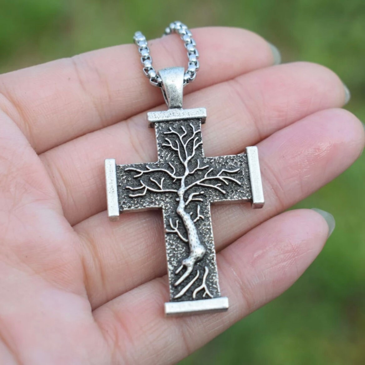 Tree of Life Double Sided Cross Statement Pendant on a 55cm Stainless Steel Chain Necklace