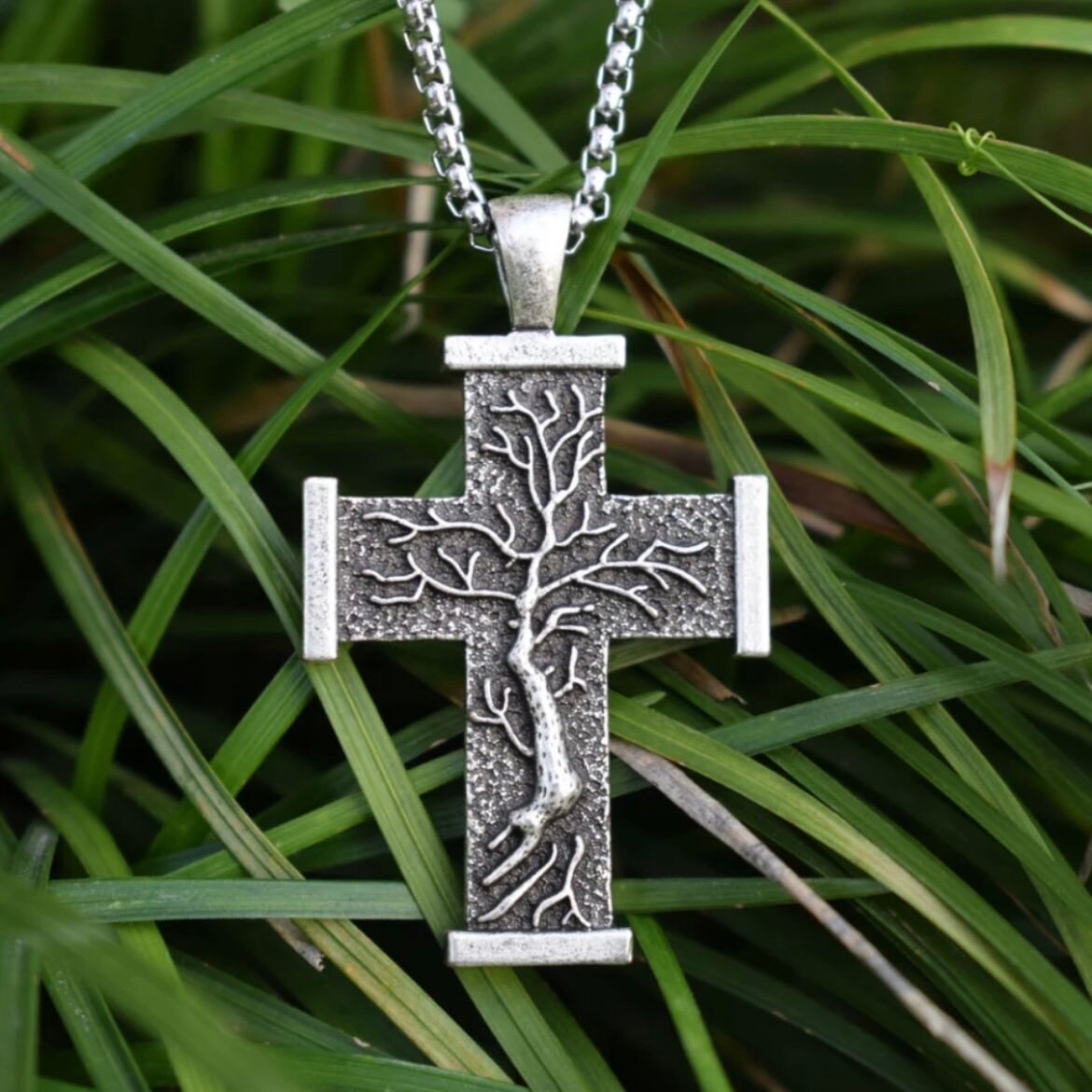 Tree of Life Double Sided Cross Statement Pendant on a 55cm Stainless Steel Chain Necklace