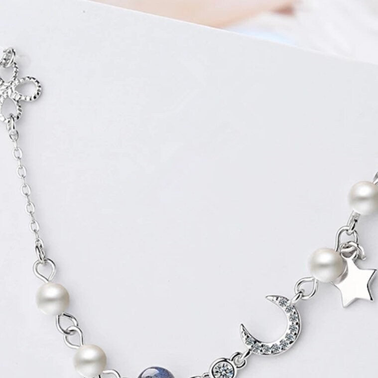 Moonstone Pearl Star Moon Clover Charm Bangle Bracelet