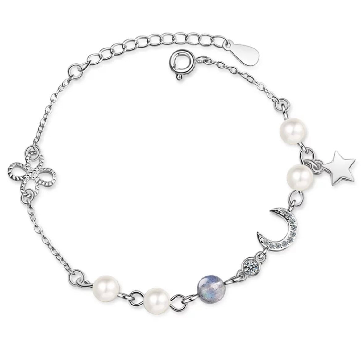 Moonstone Pearl Star Moon Clover Charm Bangle Bracelet