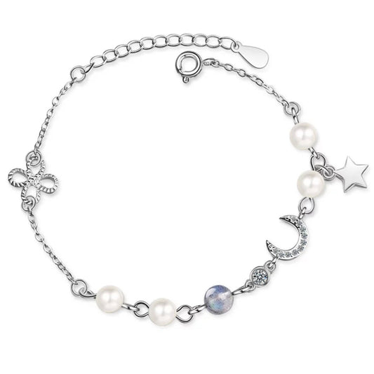 Moonstone Pearl Star Moon Clover Charm Bangle Bracelet