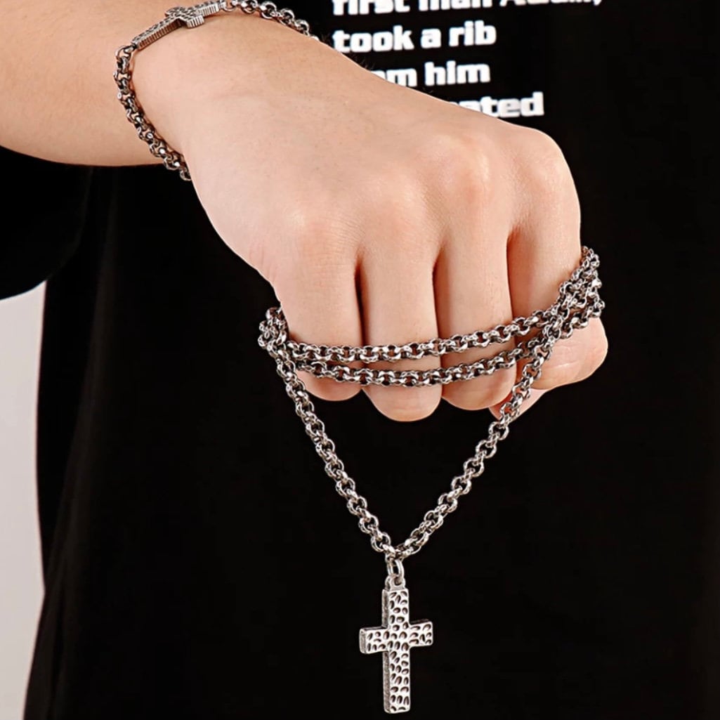 Classic 5mm Link Chain and Cross Charm/Pendant Necklace & Bracelet Set