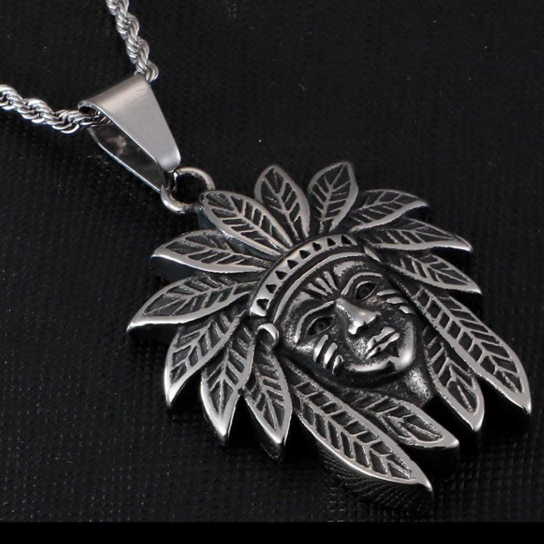 Cool Vintage Indian Chief Stainless Steel Pendant Necklace