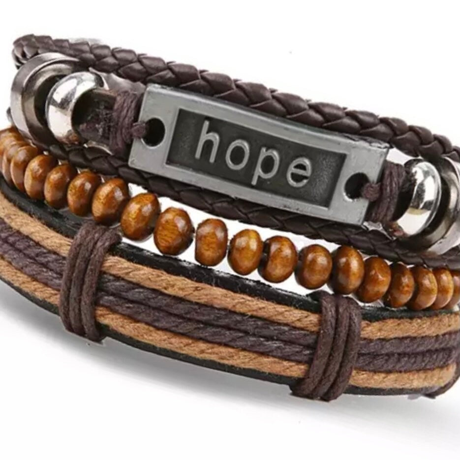 3 Layer Hope Leather Beaded Charm Bracelet