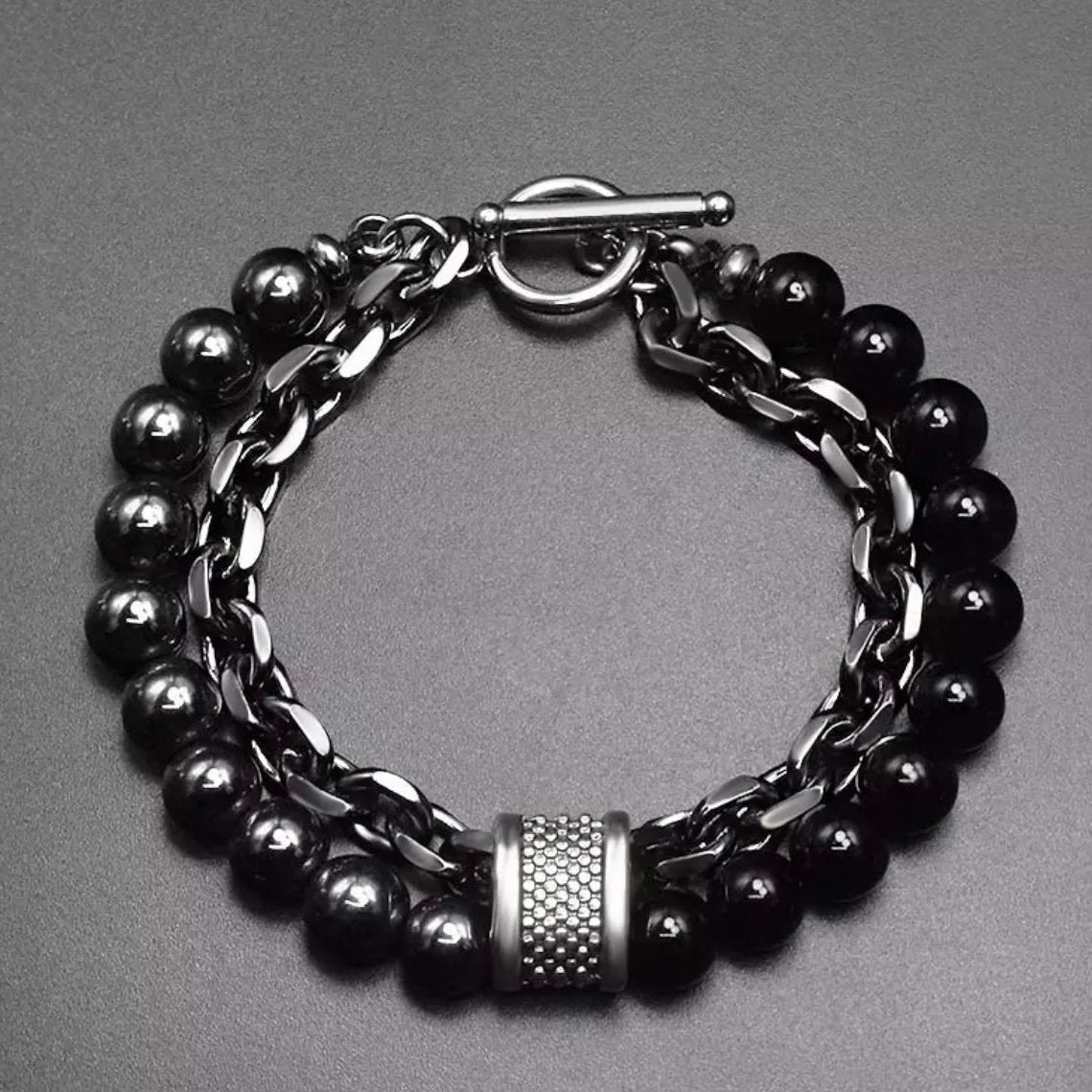 Double Layered Stainless Steel Gunmetal Link Chain and Beaded Stone Yoga Bracelet