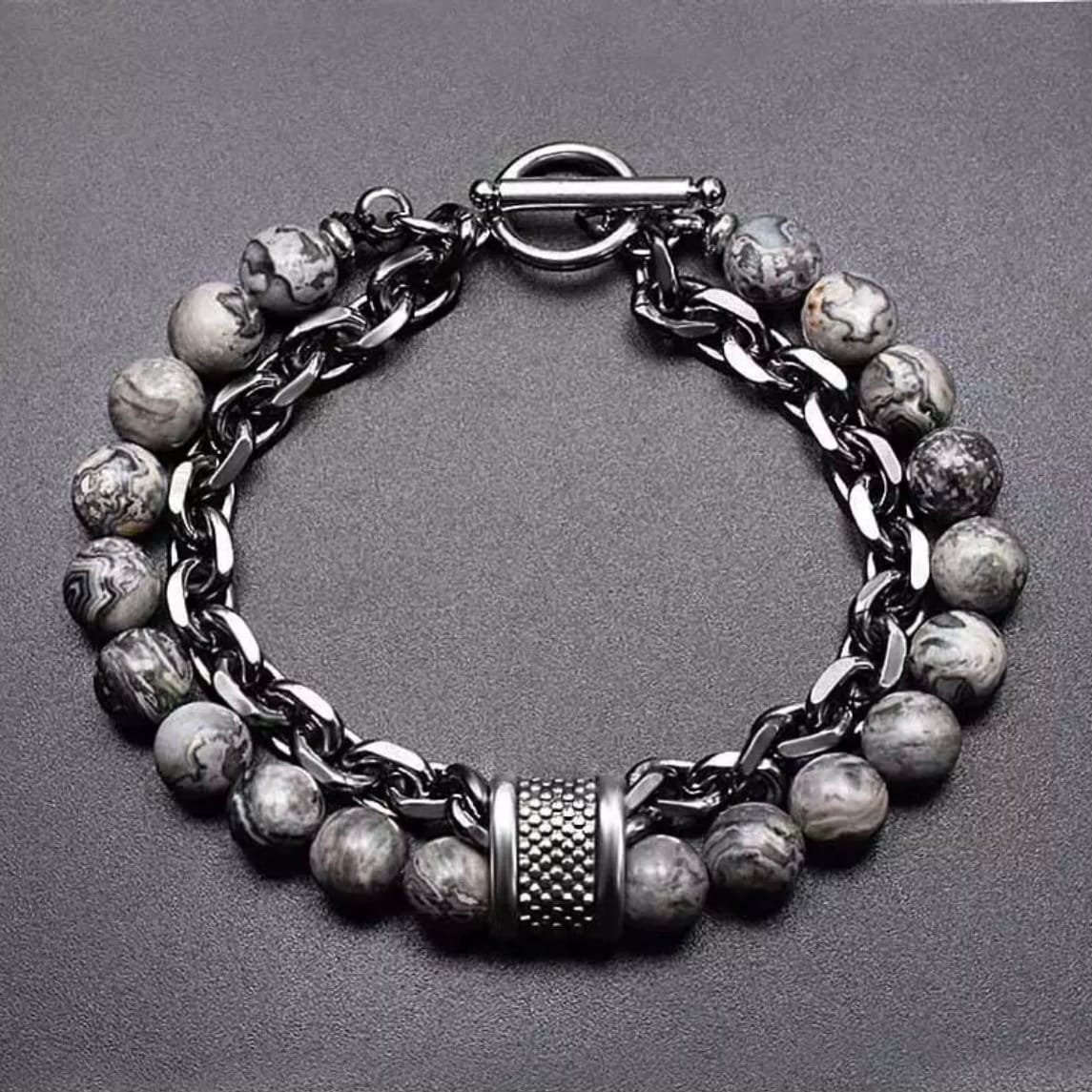 Double Layered Stainless Steel Gunmetal Link Chain and Beaded Stone Yoga Bracelet