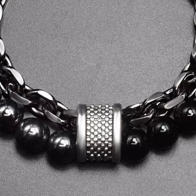 Double Layered Stainless Steel Gunmetal Link Chain and Beaded Stone Yoga Bracelet