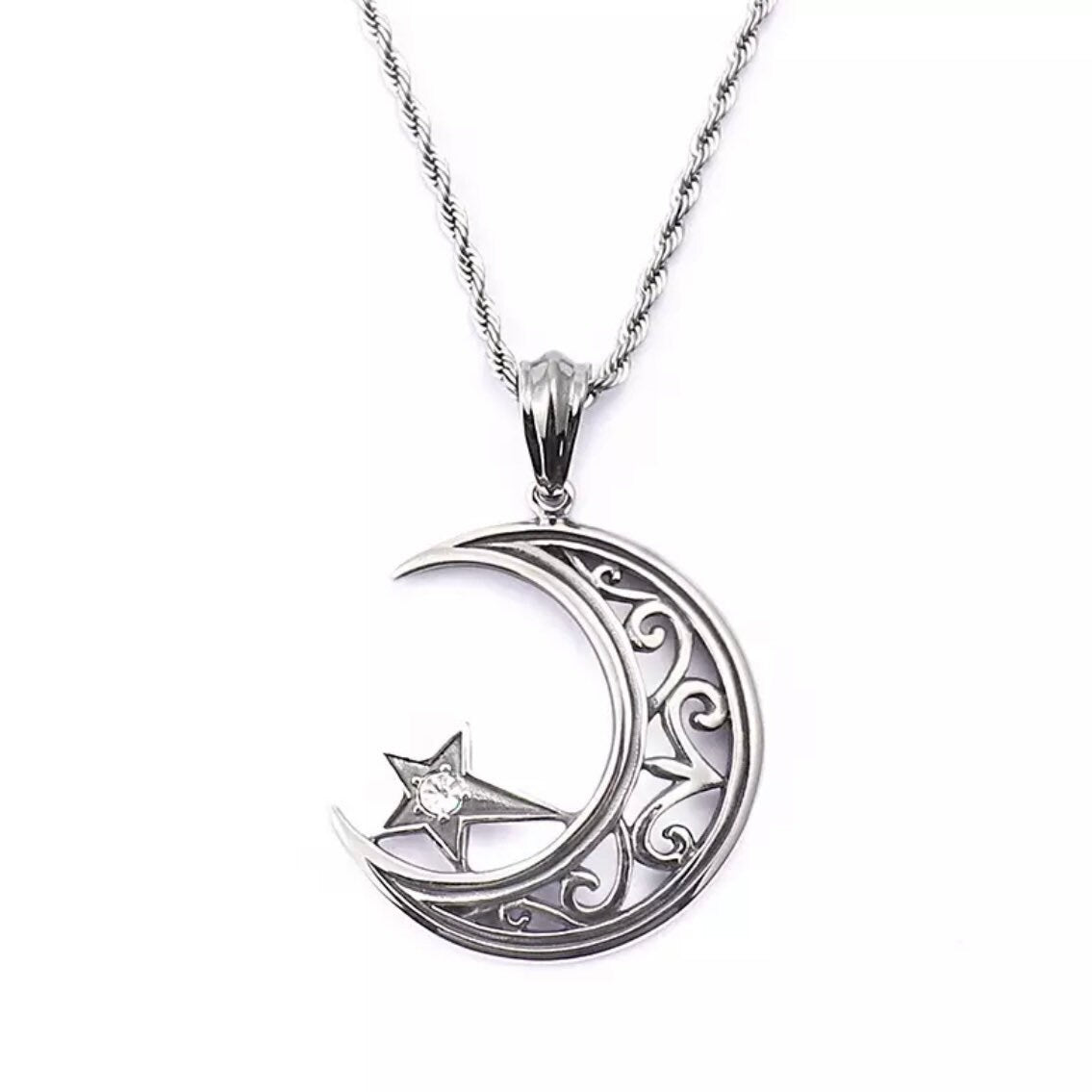 Charm Crescent Suspension Moon and Star Stainless Steel Pendant Necklace