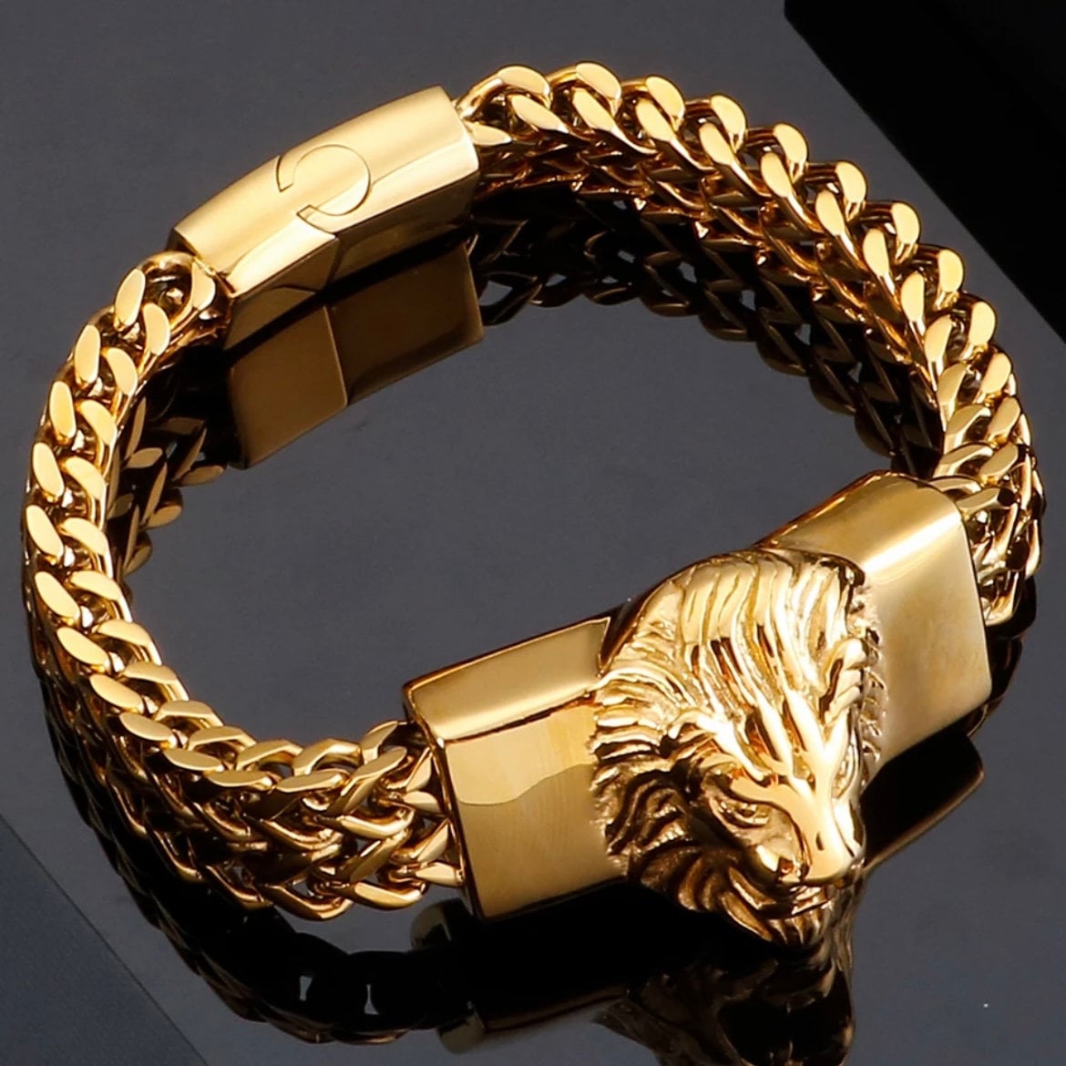 Lion Head Charm Stainless Steel 12mm Wide Snake Chain Bracelet