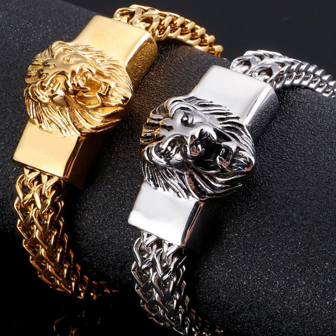 Lion Head Charm Stainless Steel 12mm Wide Snake Chain Bracelet