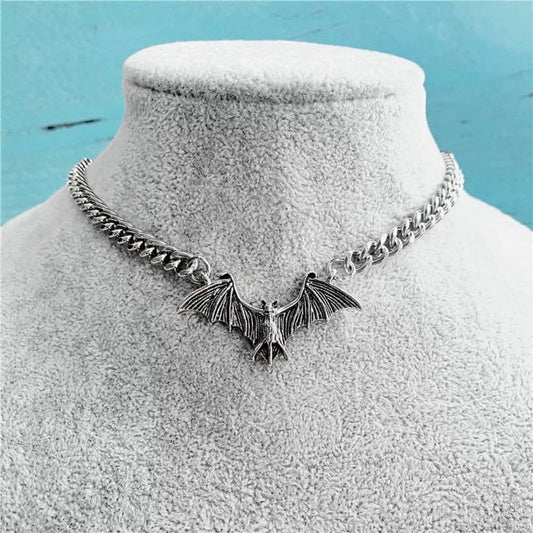 Vintage Punk Gothic Bat Choker Chain Necklace Available with Silver or Black Bat