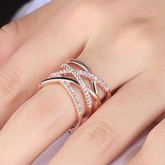 Multilayer Line Cross Mosaic Zirconia Open Silver Ring in Gold or Silver