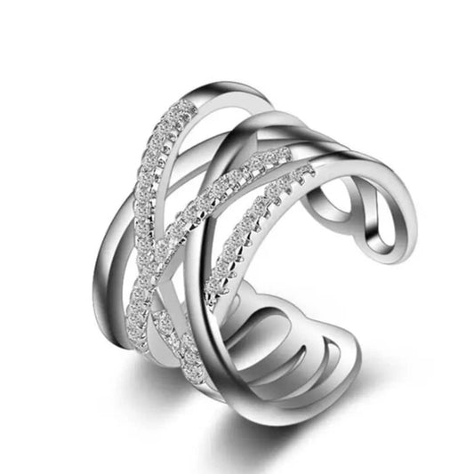 Multilayer Line Cross Mosaic Zirconia Open Silver Ring in Gold or Silver