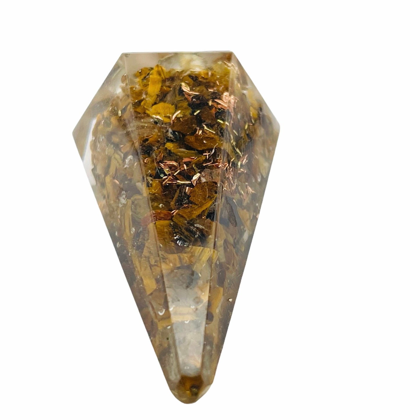 Tiger Eye Gold Faceted Cone Orgone Pendulum on a Silver Colour Chain Crystal Pendant for Dowsing Spiritual Reiki