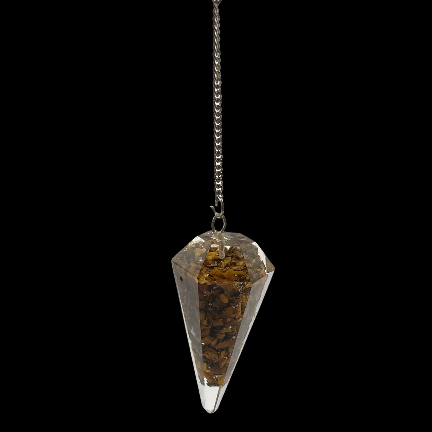 Tiger Eye Gold Faceted Cone Orgone Pendulum on a Silver Colour Chain Crystal Pendant for Dowsing Spiritual Reiki