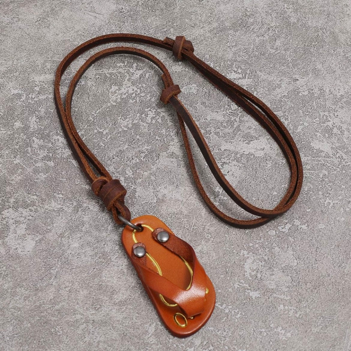 Brown or Light Brown Leather Flip-Flop Pendant on Brown Leather Rope Necklace