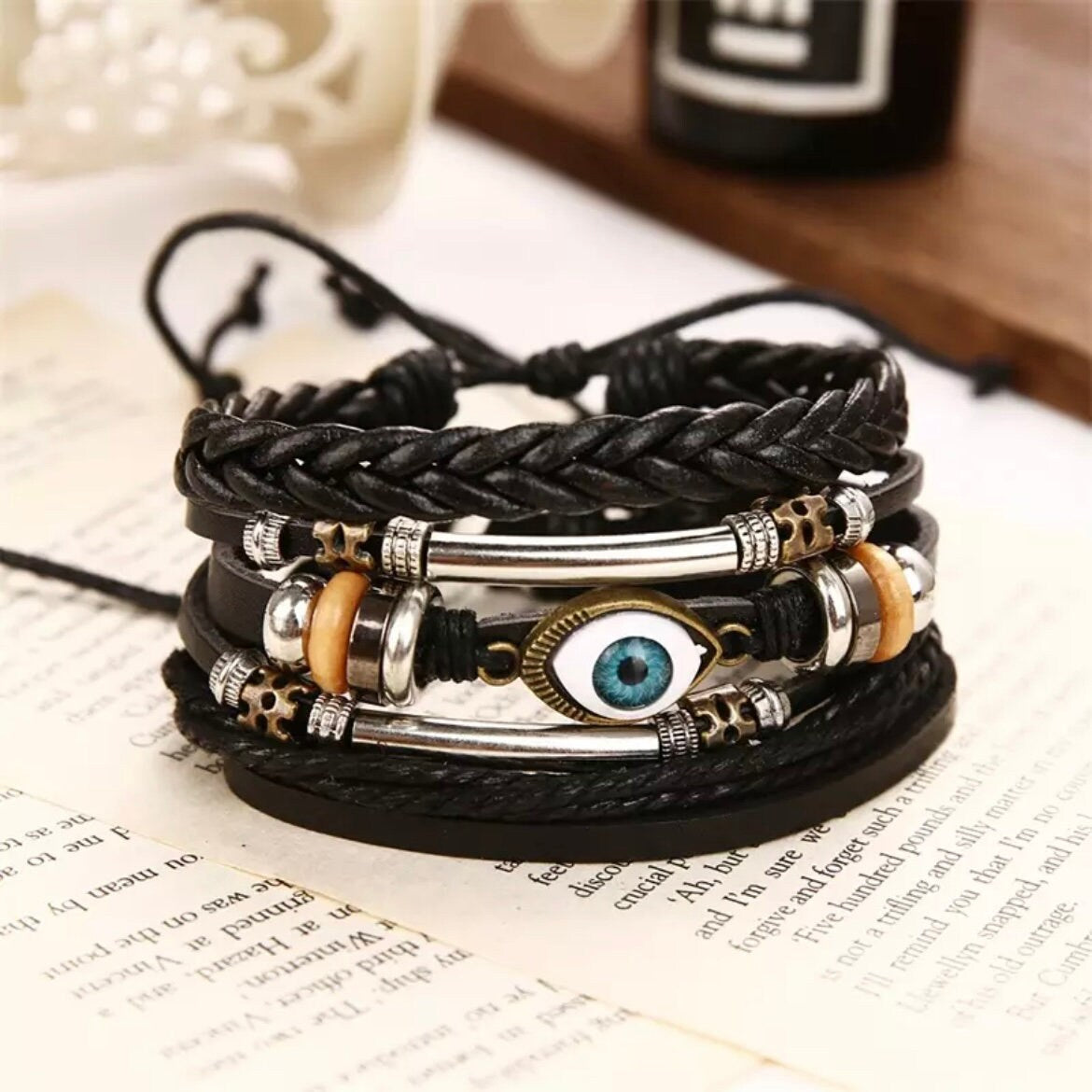 Multi-Layered Weave Braided Cuff Wrap Bohemian Leather Turkish Eye Bracelet