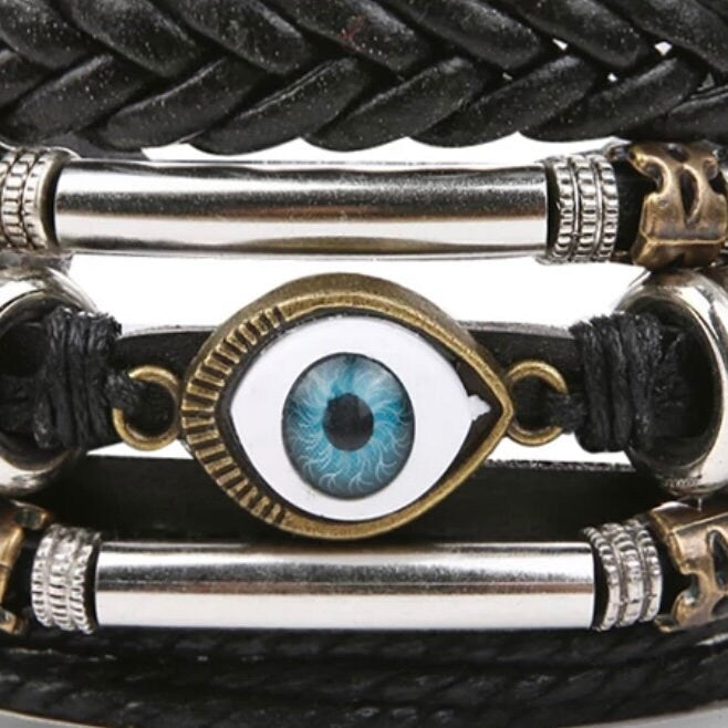 Multi-Layered Weave Braided Cuff Wrap Bohemian Leather Turkish Eye Bracelet