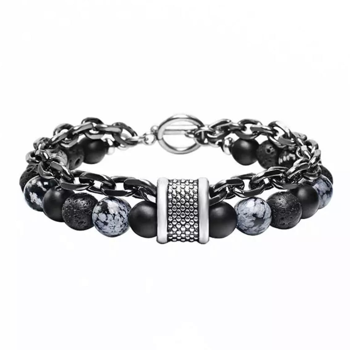 Double Layered Stainless Steel Gunmetal Link Chain and Beaded Stone Yoga Bracelet