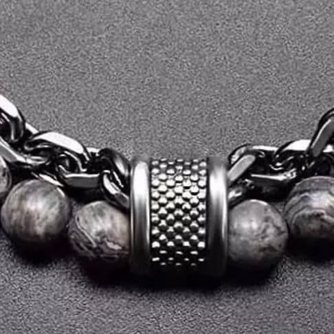 Double Layered Stainless Steel Gunmetal Link Chain and Beaded Stone Yoga Bracelet