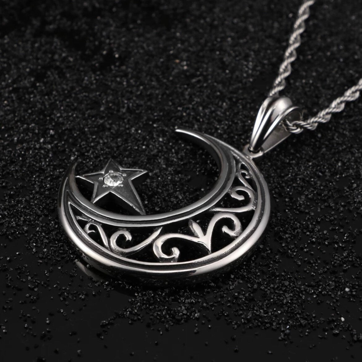 Charm Crescent Suspension Moon and Star Stainless Steel Pendant Necklace