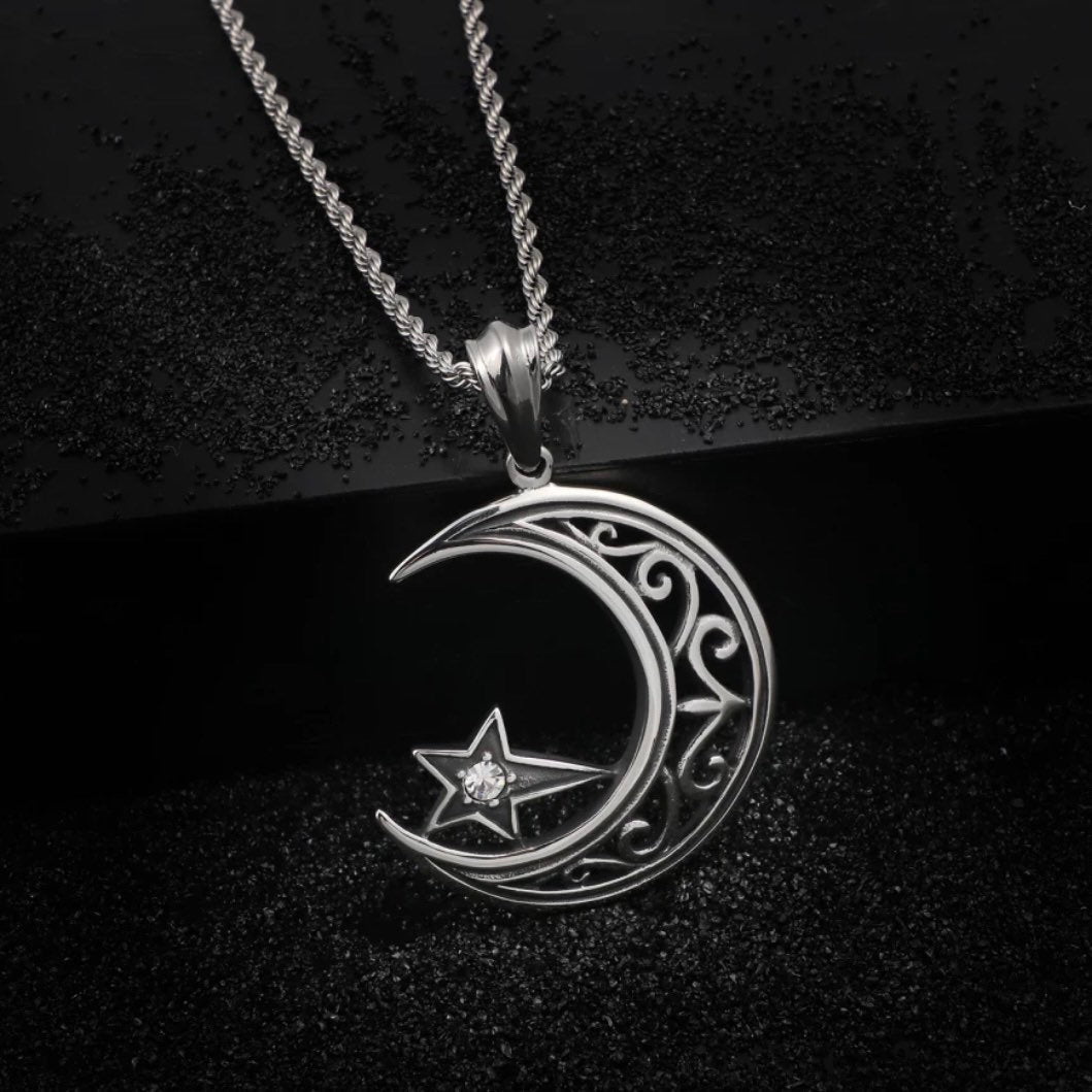 Charm Crescent Suspension Moon and Star Stainless Steel Pendant Necklace