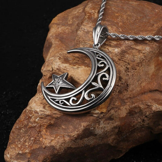 Charm Crescent Suspension Moon and Star Stainless Steel Pendant Necklace