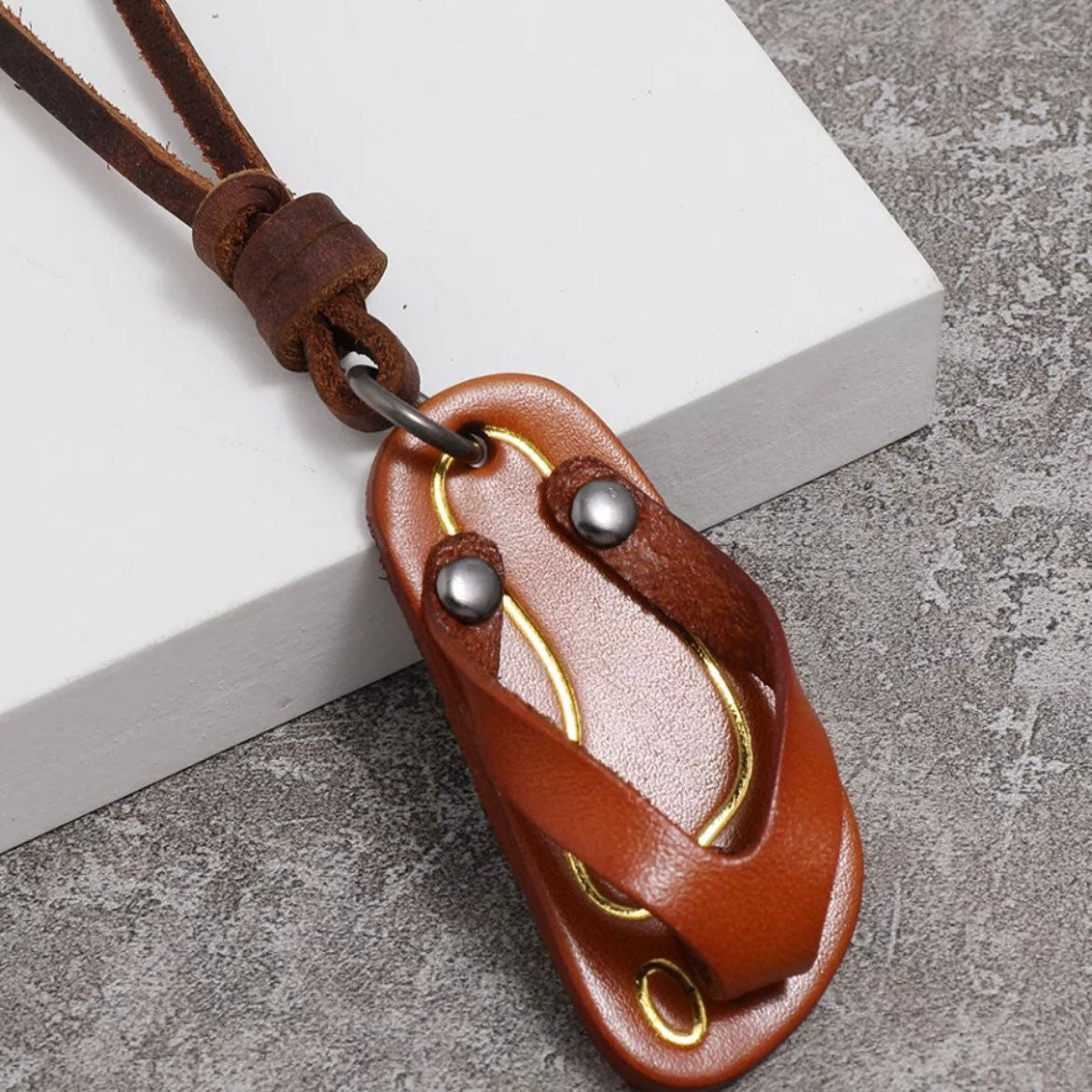 Brown or Light Brown Leather Flip-Flop Pendant on Brown Leather Rope Necklace