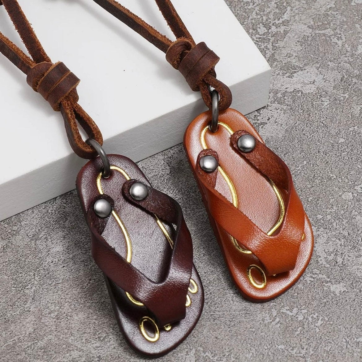 Brown or Light Brown Leather Flip-Flop Pendant on Brown Leather Rope Necklace