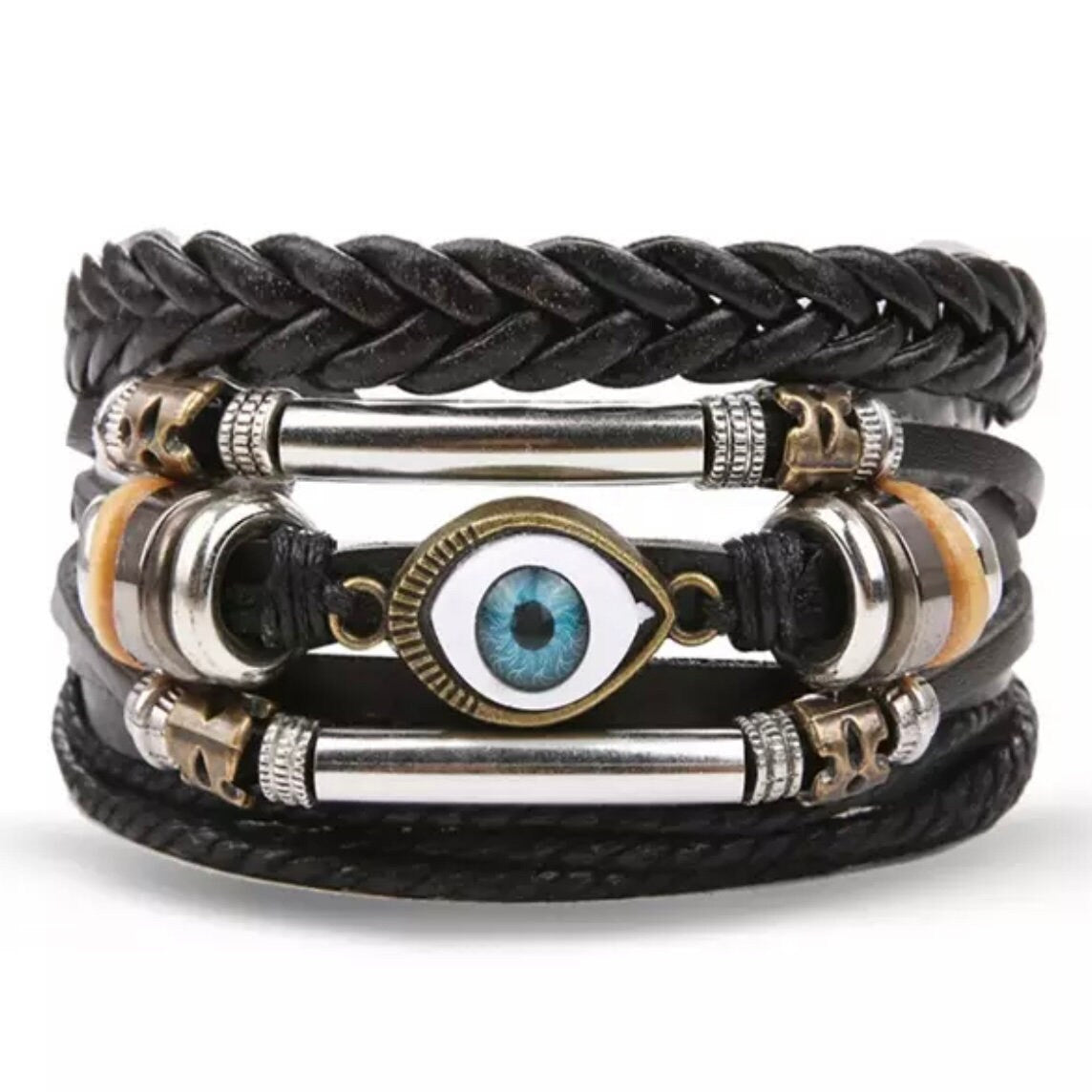 Multi-Layered Weave Braided Cuff Wrap Bohemian Leather Turkish Eye Bracelet