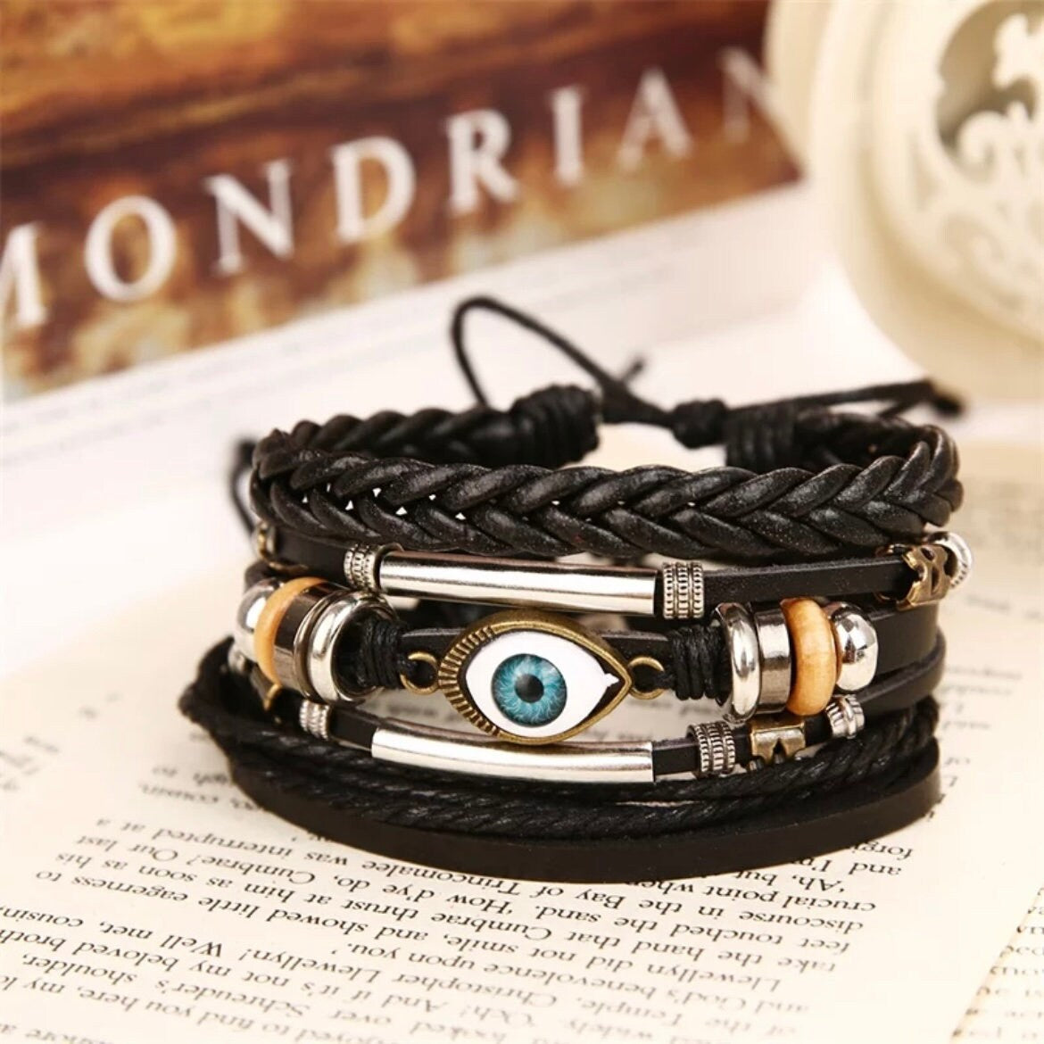 Multi-Layered Weave Braided Cuff Wrap Bohemian Leather Turkish Eye Bracelet