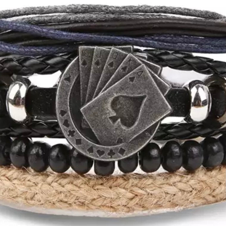 Multi-Layered Leather Lucky Poker Playing Cards Charm Cuff Bracelet