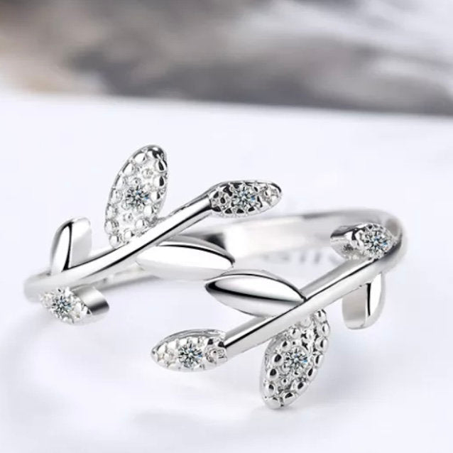 Cubic Zirconia Leaf Open Silver or Gold Coloured Ring