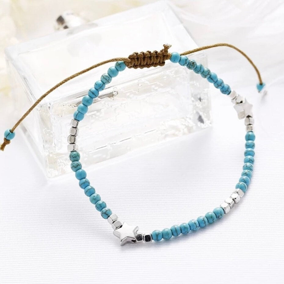 Turquoise Bead Ankle Bracelet with Star Charms Anklet