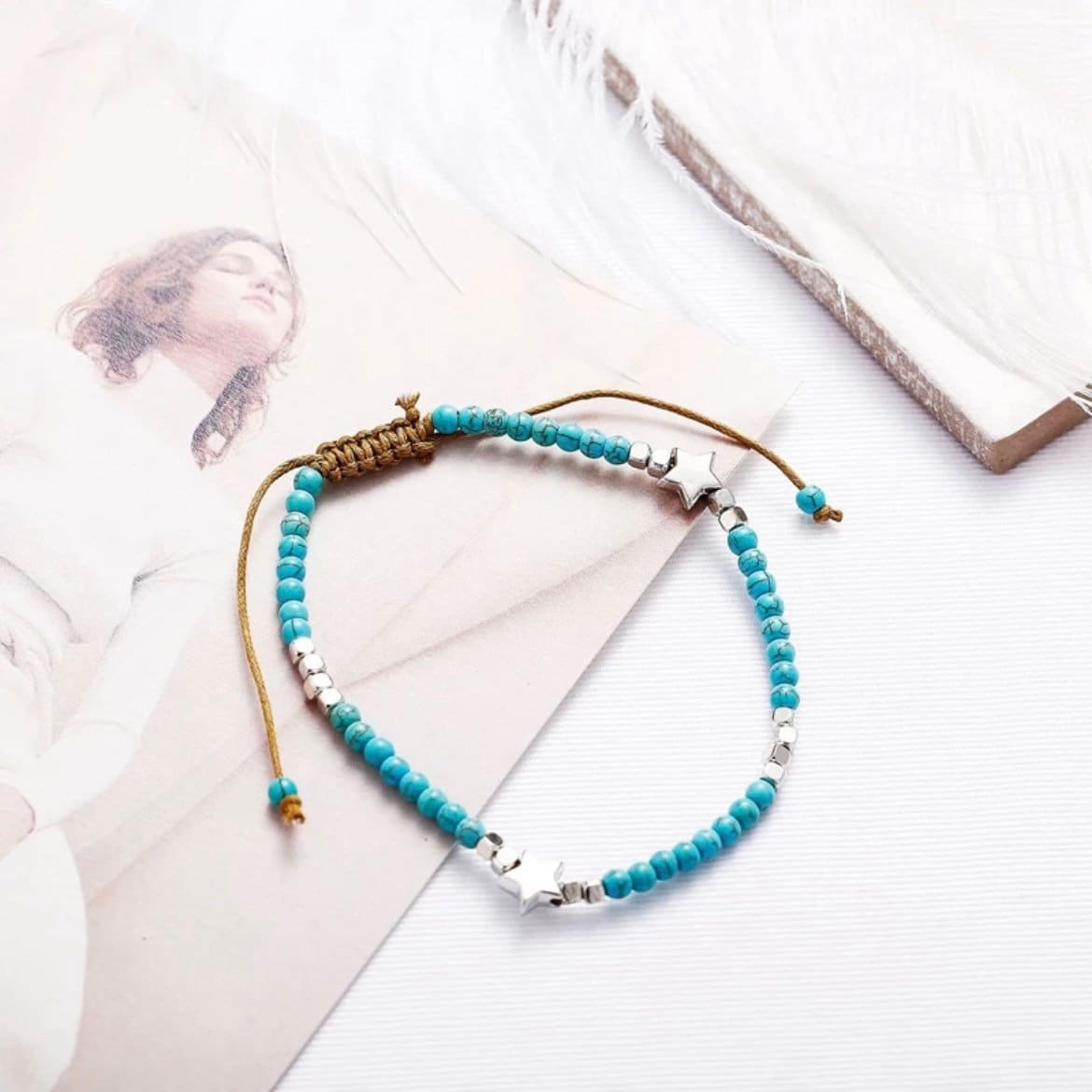 Turquoise Bead Ankle Bracelet with Star Charms Anklet