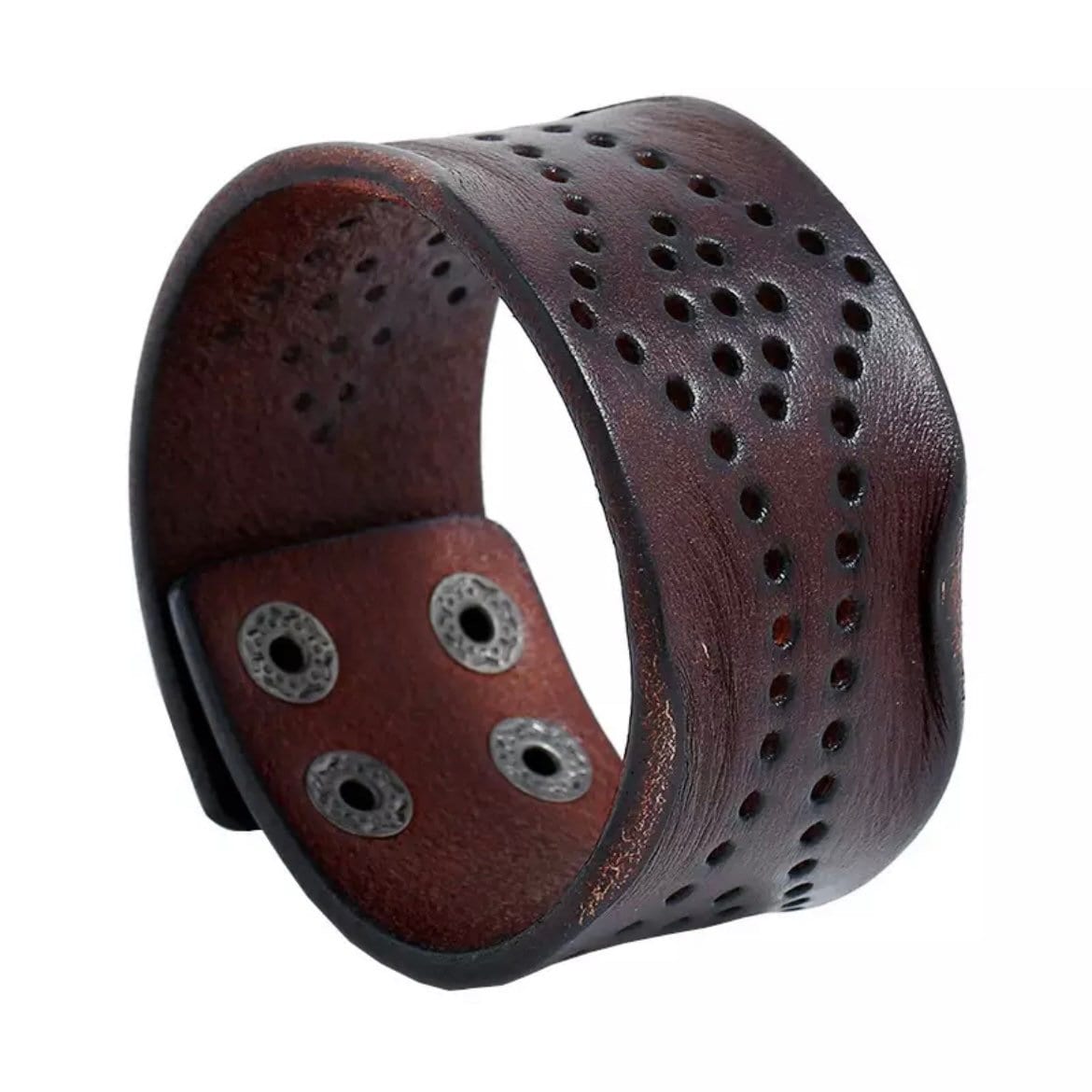 Brown Leather Wide Wrap Hole Pattered Cuff Bangle Bracelet