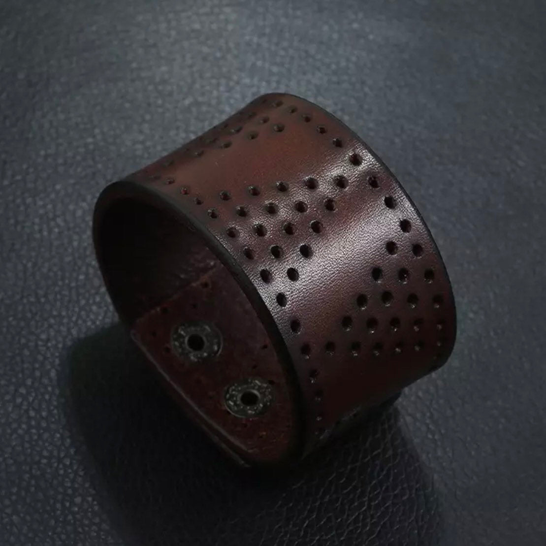 Brown Leather Wide Wrap Hole Pattered Cuff Bangle Bracelet