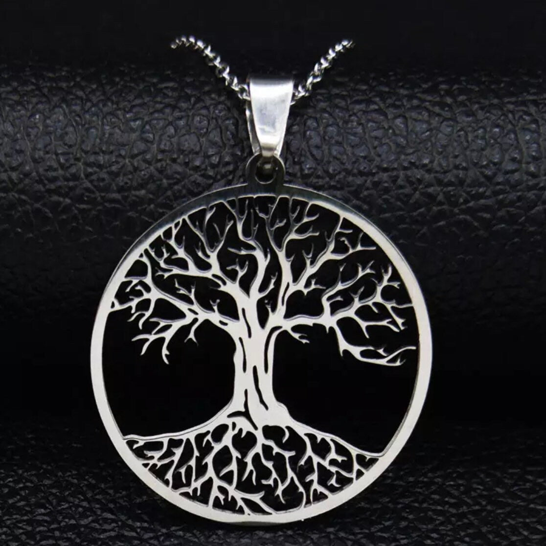 Tree of Life Stainless Steel Pendant Necklace Available in Silver Gold and Black