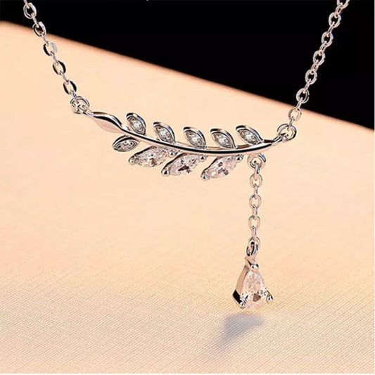 Silver Elegant Tree Branch Leaves Tassel Cubic Zirconia Pendant Necklace